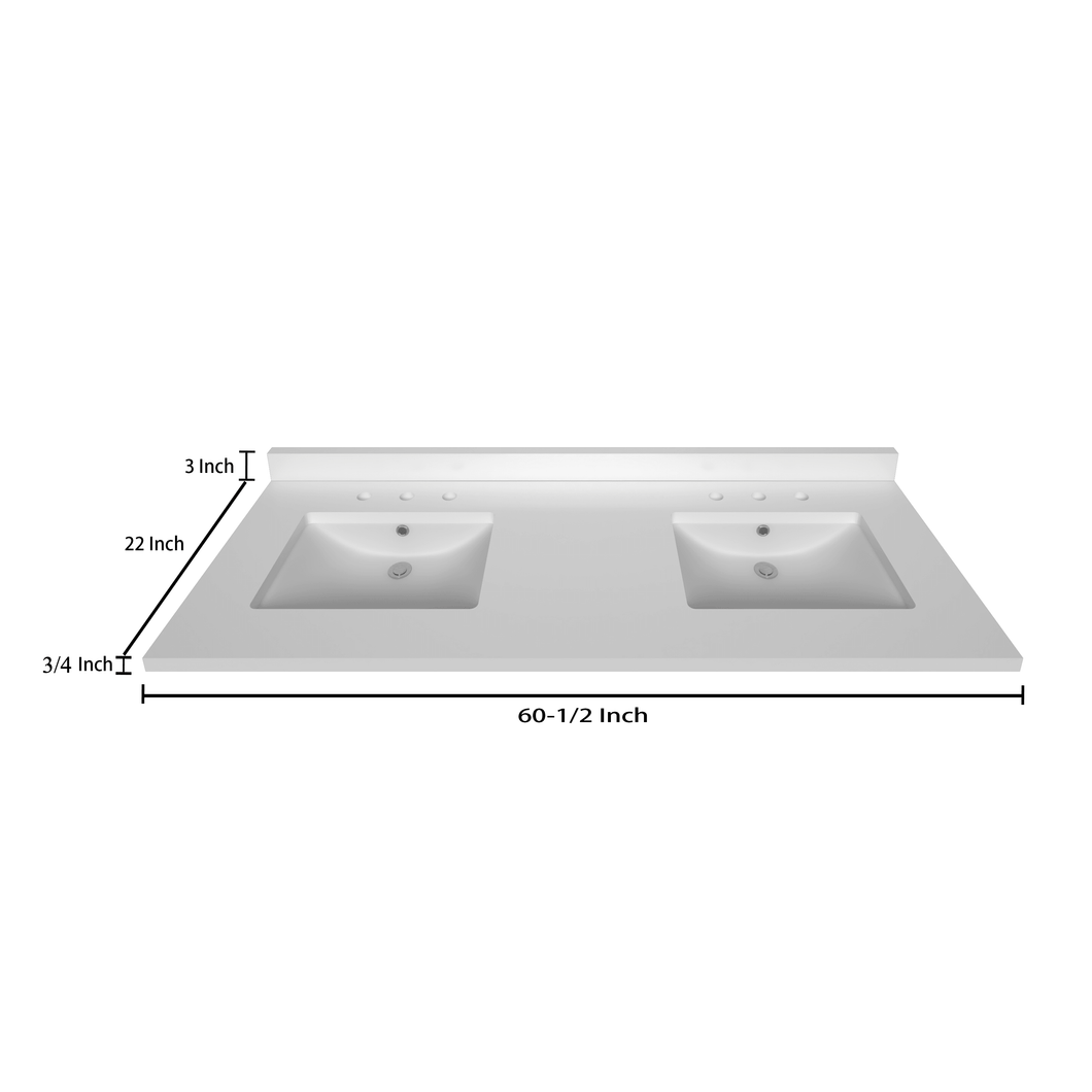 Stock Top 2 CM Pure White 60.5 Double In W x 22 In D - Bathroom Vanities Outlet