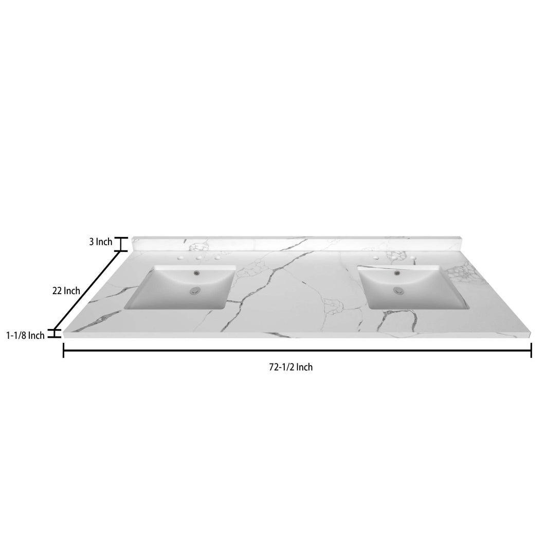 Stock Top 3 CM Calacatta White Quartz 72.5 In W x 22 In D - Bathroom Vanities Outlet